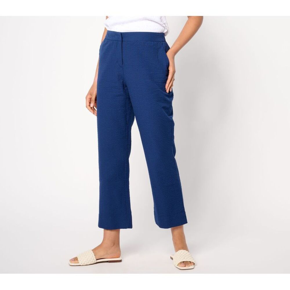 Summersalt Women's Pants Sz L Woven Seersucker Ankle Plants Blue A643832